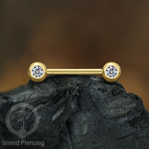 Steel nipple piercing, Steel barbells, Tindik puting stainless steel dengan kristal. Warna gold.