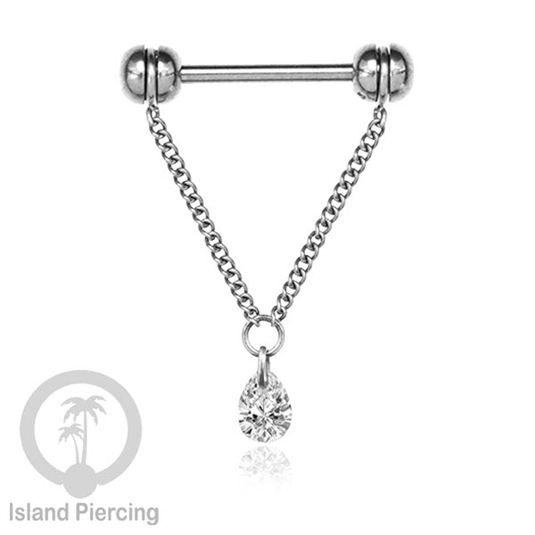 Tindik puting Stainless warna Silver dengan Rantai dan Kristal Zirconia, Nipple Piercing Jewelry