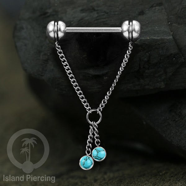 Tindik puting Stainless Steel dengan rantai dan batu asli, warna gold atau silver. Nipple piercing.