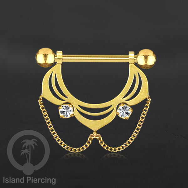 316L Steel Nipple Piercing PVD Gold Plating, Tindik Puting stainless dengan Rantai
