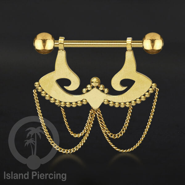 316L Steel Nipple Piercing PVD Gold Plating, Tindik Puting stainless dengan Rantai