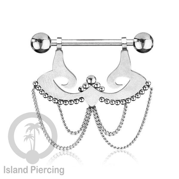 Steel Nipple Piercing, Tindik Puting stainless warna Silver dengan Rantai dan Kristal