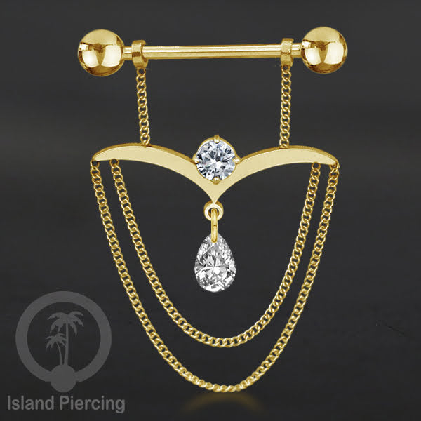 316L Steel Nipple Piercing PVD Gold Plating, Tindik Puting stainless dengan Rantai