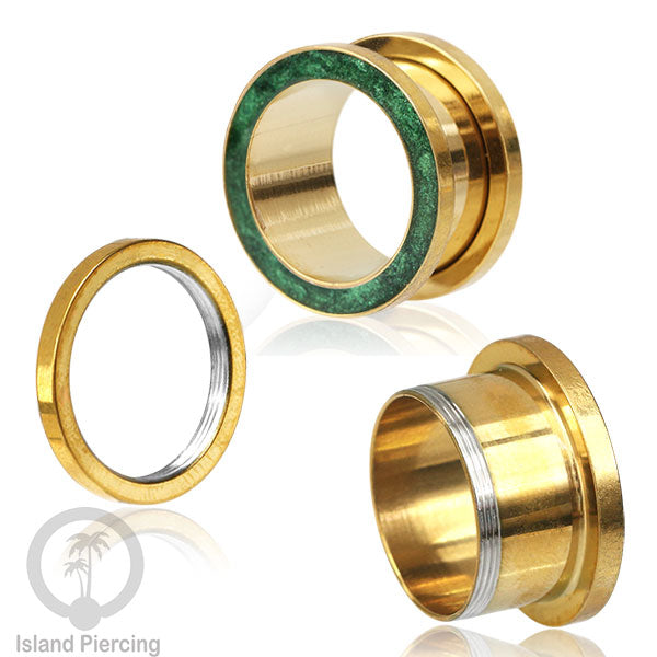 Steel Ear-tunnel Anting Piercing Plug Stainless warna gold dengan warna epoxy, hitam, biru dan hijau