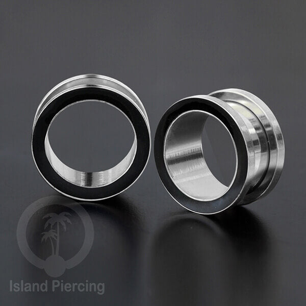 Steel Ear-tunnel Anting Piercing Plug Stainless warna silver dengan warna epoxy, hitam, biru dan hijau