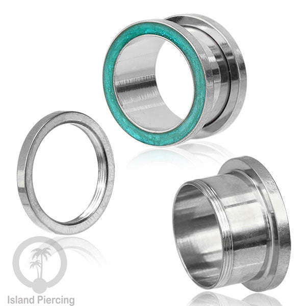 Steel Ear-tunnel Anting Piercing Plug Stainless warna silver dengan warna epoxy, Turquoise, Ungu & Putih