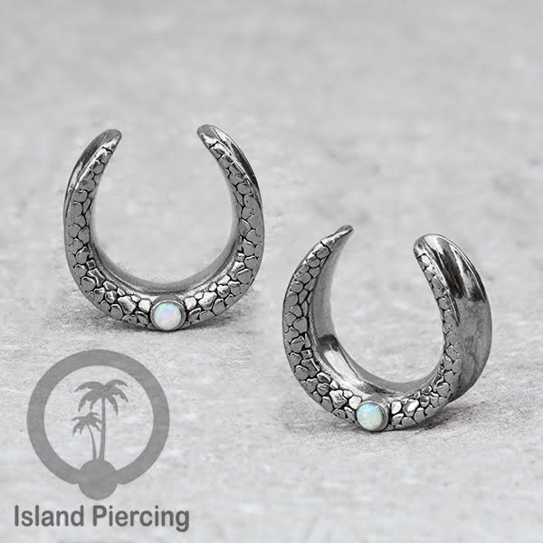 Steel Ear-tunnel Body Jewelry Plug Stainless saddle style with white Opal