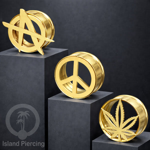Anting Tindik Plug Stainless warna gold Ear-tunnel Piercing motif Anarchy, Ganja, Peace