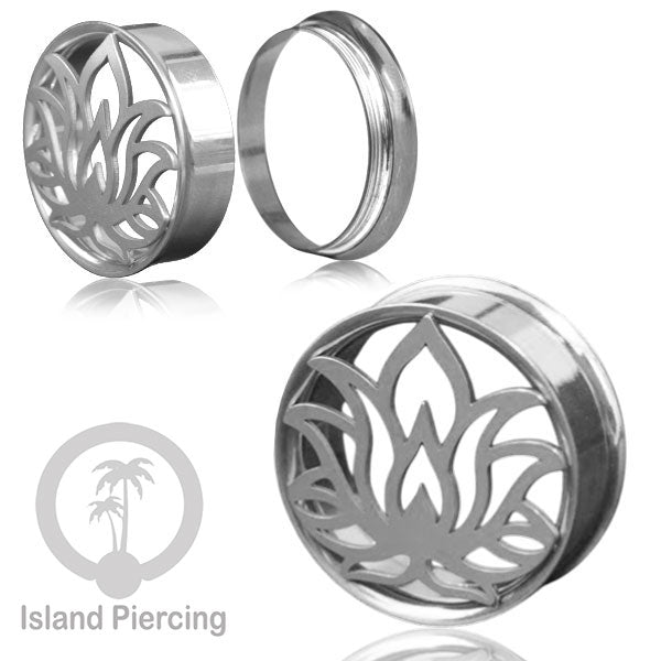 Anting Tindik Plug Stainless warna silver Ear-tunnel Piercing motif Tree of Life, Buddha dan Lotus