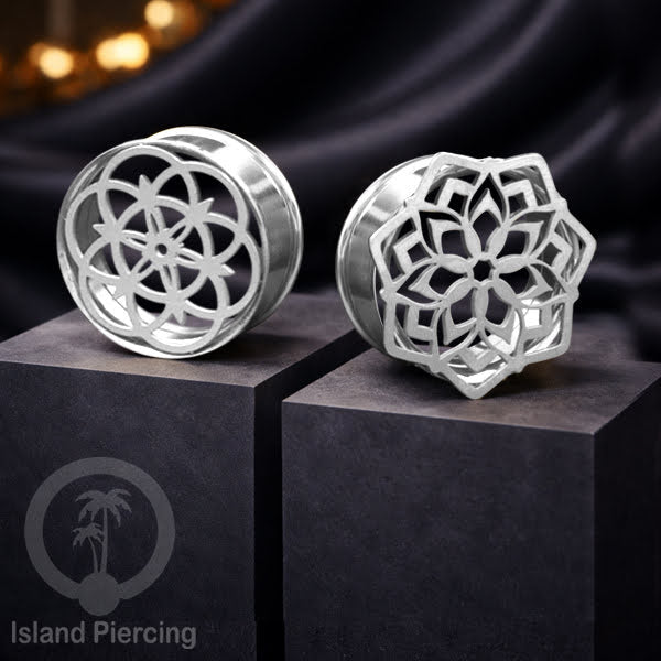 Anting Tindik Plug Stainless warna silver Ear-tunnel Piercing motif Sacred Geometry dan Mandala