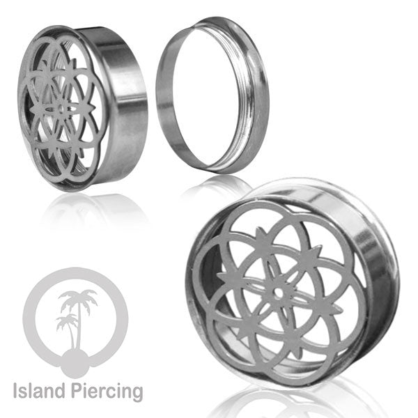 Anting Tindik Plug Stainless warna silver Ear-tunnel Piercing motif Sacred Geometry dan Mandala