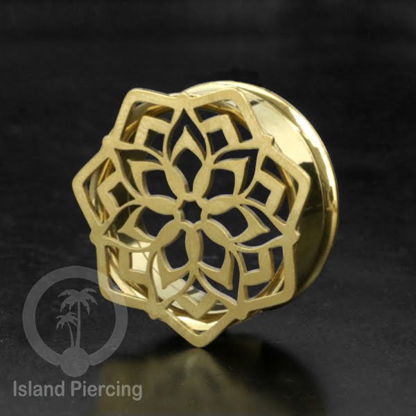 Anting Tindik Plug Stainless warna gold Ear-tunnel Piercing motif Mandala dan Sacred Geometri