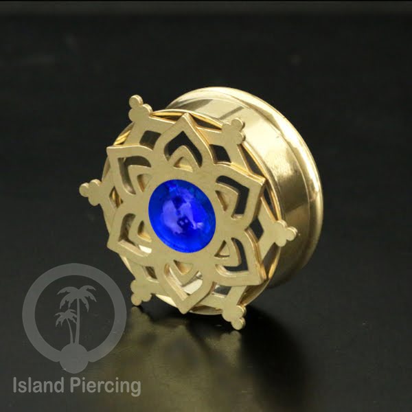 Anting Tindik Plug Stainless Mandala warna gold Ear-tunnel Epoxy warna Biru Tua
