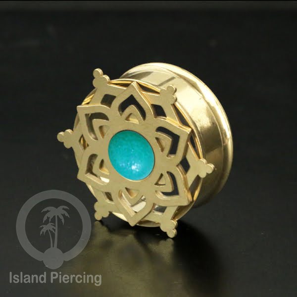 Anting Tindik Plug Stainless Mandala warna gold Ear-tunnel Epoxy warna Turquoise