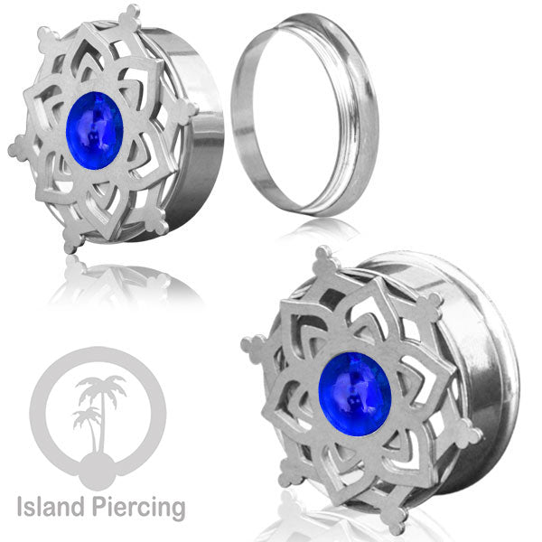 Anting Tindik Plug Stainless Mandala warna silver, Steel Ear-tunnel dengan Epoxy warna Biru tua