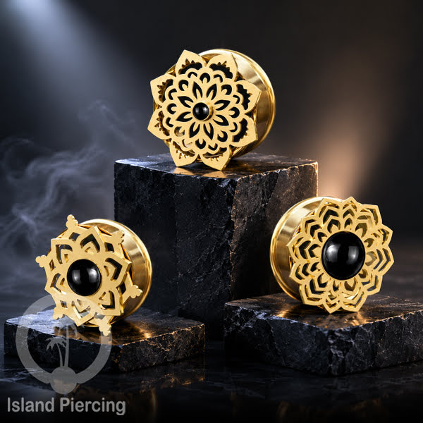Anting Tindik Plug Stainless Mandala warna gold Ear-tunnel Epoxy warna Hitam