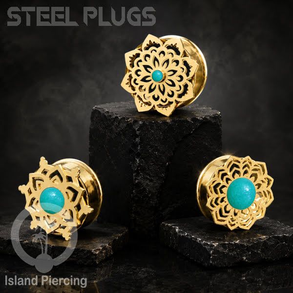 Anting Tindik Plug Stainless Mandala warna gold Ear-tunnel Epoxy warna Turquoise