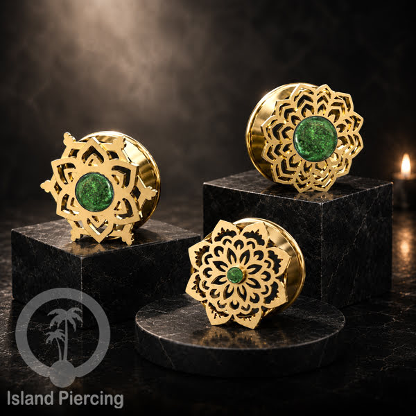 Anting Tindik Plug Stainless Mandala warna gold Ear-tunnel Epoxy warna Hijau