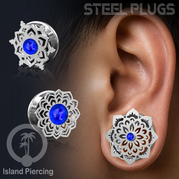 Anting Tindik Plug Stainless Mandala warna silver, Steel Ear-tunnel dengan Epoxy warna Biru tua