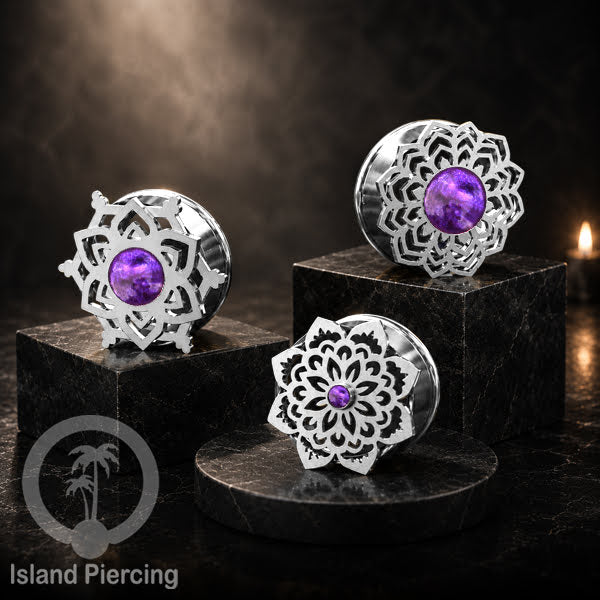 Anting Tindik Plug Stainless Mandala warna silver, Steel Ear-tunnel dengan Epoxy warna Ungu