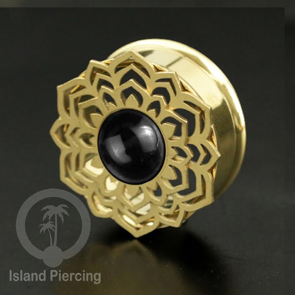 Anting Tindik Plug Stainless Mandala warna gold Ear-tunnel Epoxy warna Hitam