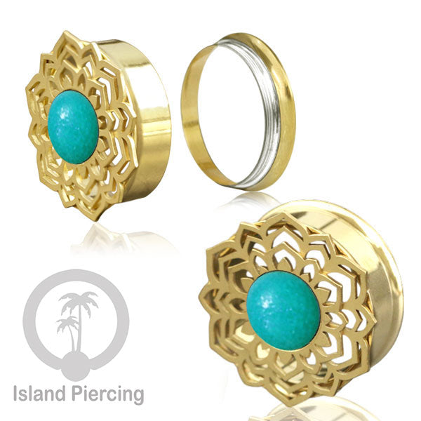Anting Tindik Plug Stainless Mandala warna gold Ear-tunnel Epoxy warna Turquoise