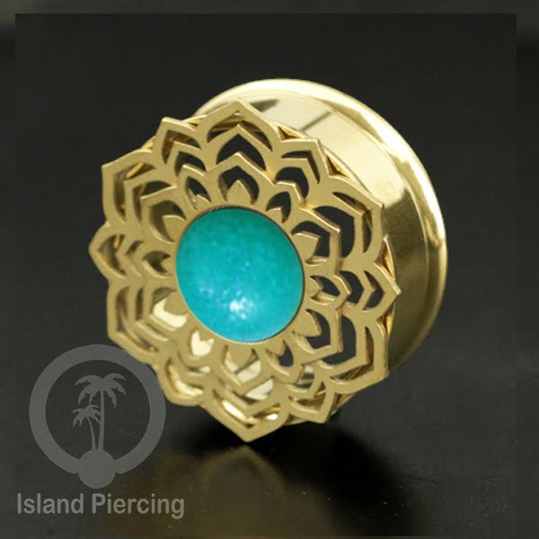 Anting Tindik Plug Stainless Mandala warna gold Ear-tunnel Epoxy warna Turquoise