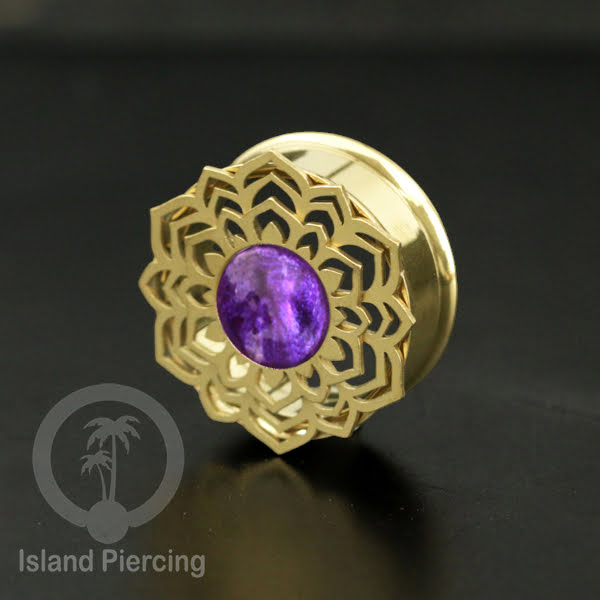 Anting Tindik Plug Stainless Mandala warna gold Ear-tunnel Epoxy warna Ungu