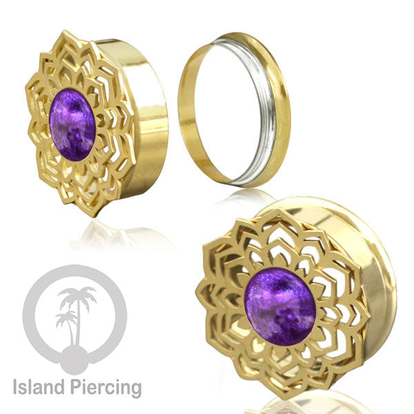 Anting Tindik Plug Stainless Mandala warna gold Ear-tunnel Epoxy warna Ungu