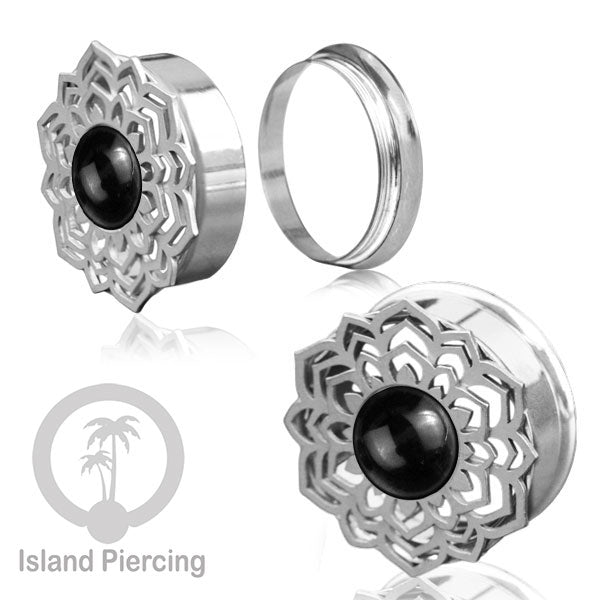 Anting Tindik Plug Stainless Mandala warna silver, Steel Ear-tunnel dengan Epoxy warna Hitam
