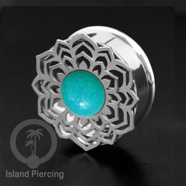 Anting Tindik Plug Stainless Mandala warna silver, Steel Ear-tunnel dengan Epoxy warna Turquoise