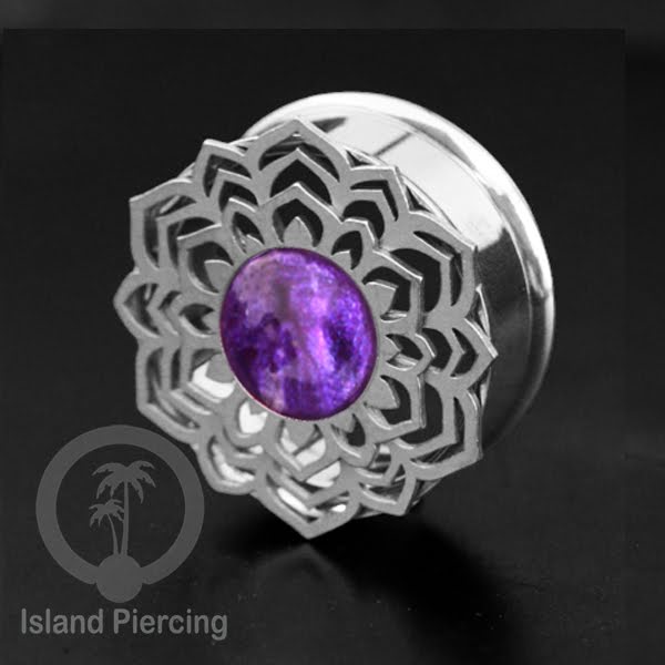 Anting Tindik Plug Stainless Mandala warna silver, Steel Ear-tunnel dengan Epoxy warna Ungu