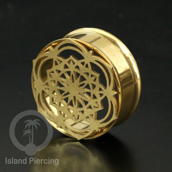 Anting Tindik Plug Stainless warna gold Ear-tunnel ukuran besar motif Tree & Flower of Life dan Sacred Geometry