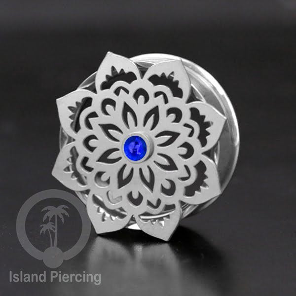 Anting Tindik Plug Stainless Mandala warna silver, Steel Ear-tunnel dengan Epoxy warna Biru tua