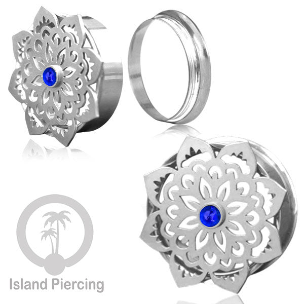 Anting Tindik Plug Stainless Mandala warna silver, Steel Ear-tunnel dengan Epoxy warna Biru tua