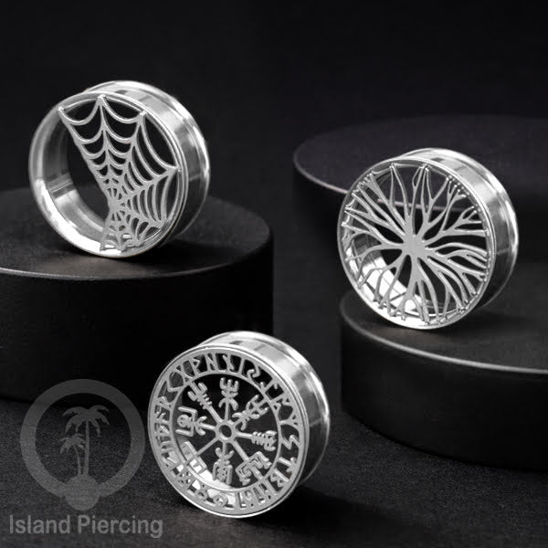 Anting Tindik Plug Stainless warna silver Ear-tunnel ukuran besar motif Saring Laba2 dan lain yang unik