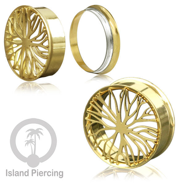 Anting Tindik Plug Stainless warna gold Ear-tunnel ukuran besar motif Saring Laba2 dan lain yang unik