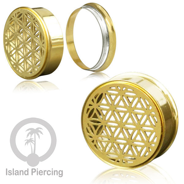 Anting Tindik Plug Stainless warna gold Ear-tunnel ukuran besar motif Tree & Flower of Life dan Sacred Geometry