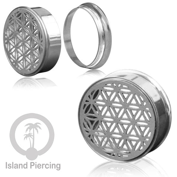 Anting Tindik Plug Stainless warna silver Ear-tunnel ukuran besar motif Tree & Flower of Life dan Sacred Geometry