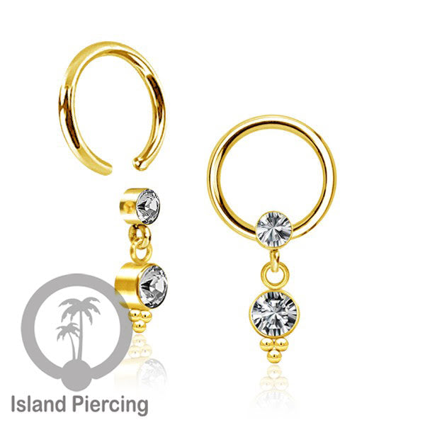 BCR piercing stainless warna gold dengan liotin kristal zirconia charm, Tragus, Helix piercing