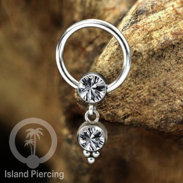 BCR piercing stainless warna silver dengan liotin kristal zirconia charm, Tragus, Helix piercing