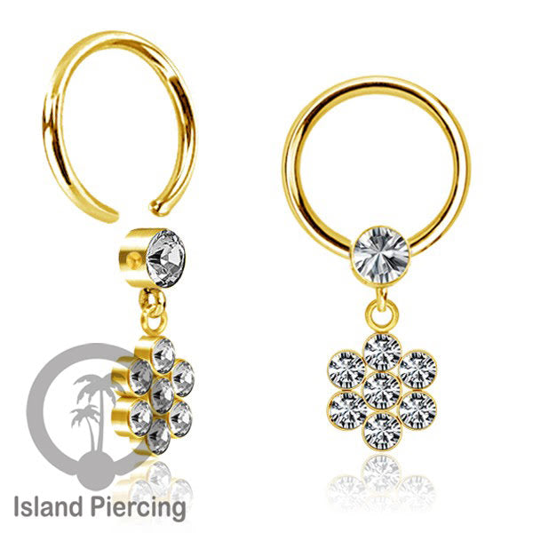 BCR piercing stainless warna gold dengan liotin kristal zirconia charm, Tragus, Helix piercing