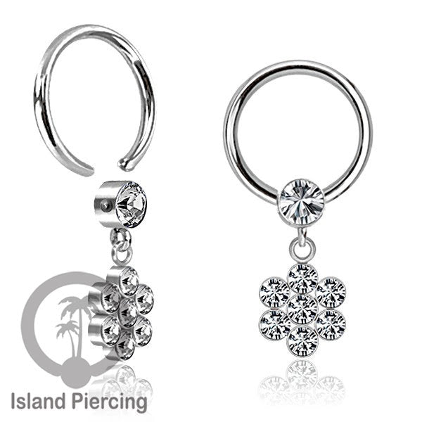 BCR piercing stainless warna silver dengan liotin kristal zirconia charm, Tragus, Helix piercing