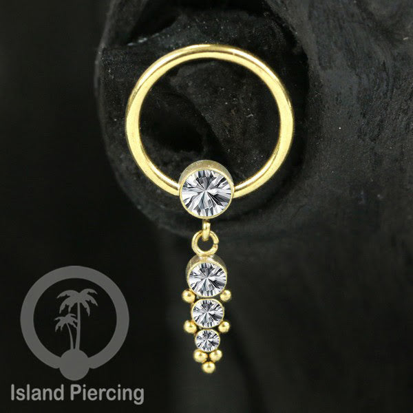 BCR piercing stainless warna gold dengan liotin kristal zirconia charm, Tragus, Helix piercing