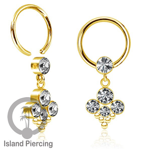 BCR piercing stainless warna gold dengan liotin kristal zirconia charm, Tragus, Helix piercing