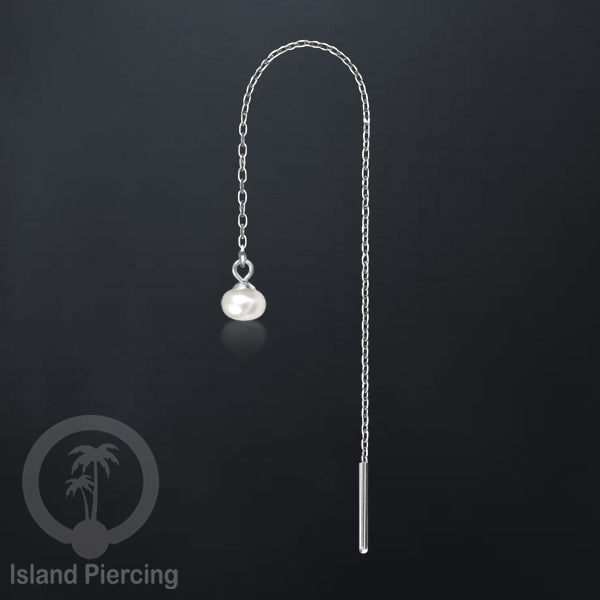 Anting Rantai Ear Threader Stainless warna silver dengan Kristal Zircon dan Mutiara Asli
