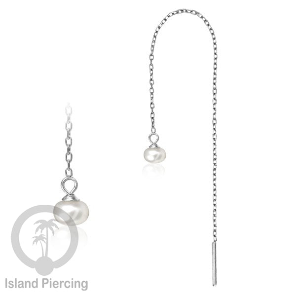 Anting Rantai Ear Threader Stainless warna silver dengan Kristal Zircon dan Mutiara Asli