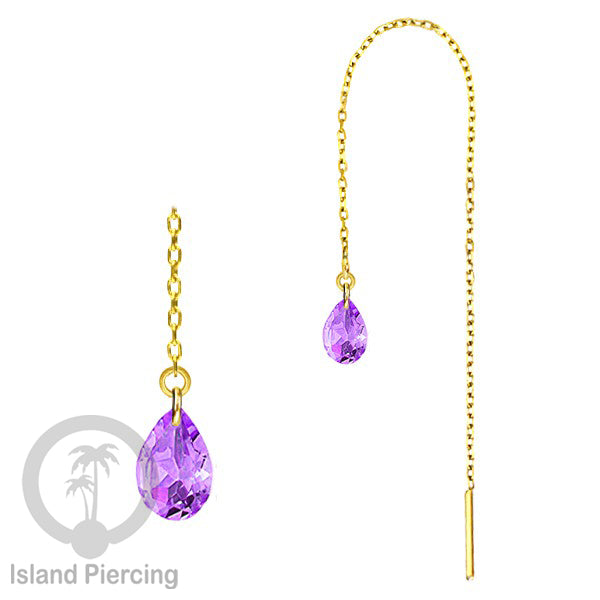 Anting Rantai Ear Threader Stainless warna gold dengan tetes Kristal Zirconia