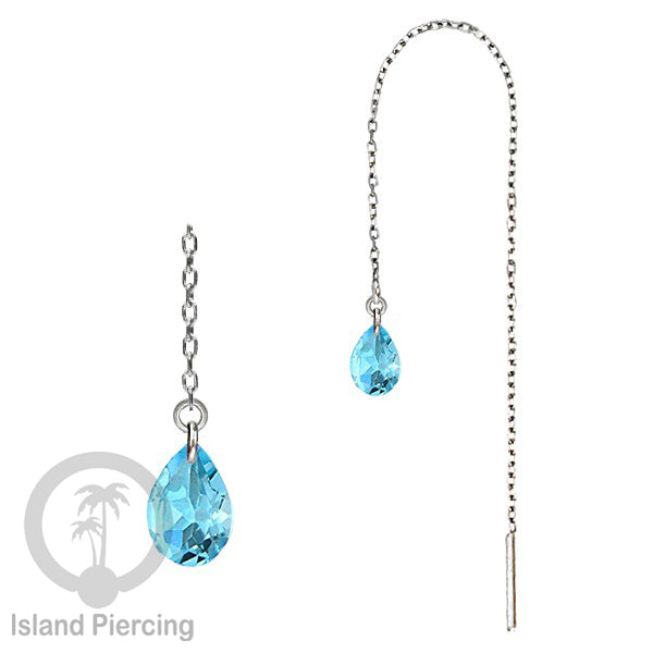 Anting Rantai Ear Threader Stainless warna silver dengan tetes Kristal Zirconia