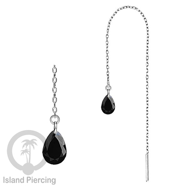 Anting Rantai Ear Threader Stainless warna silver dengan tetes Kristal Zirconia